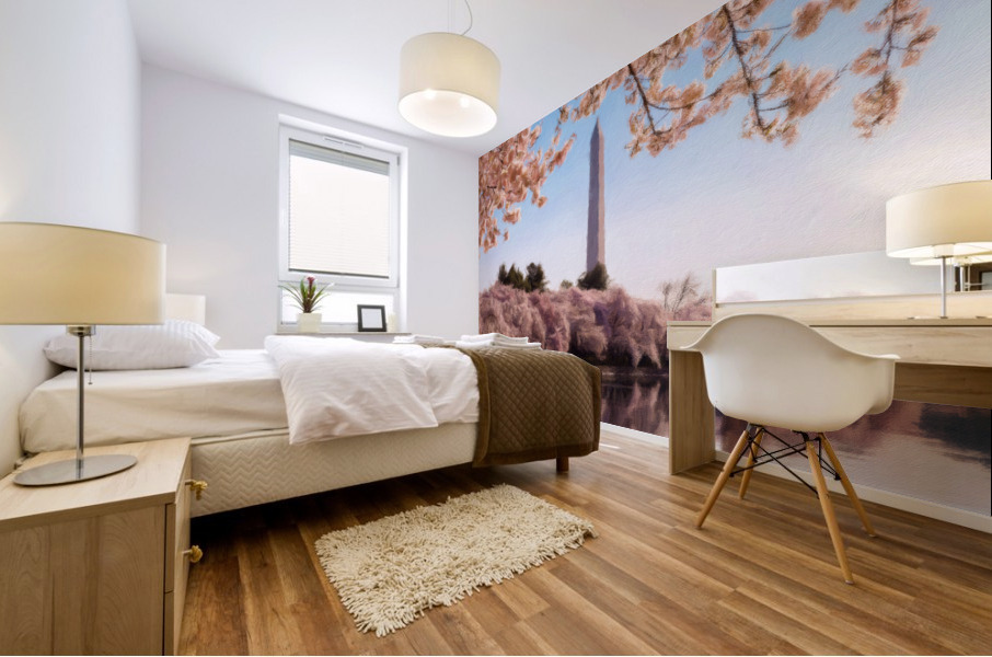 Digital art of the Washington Monument towering above blossoms Mural print