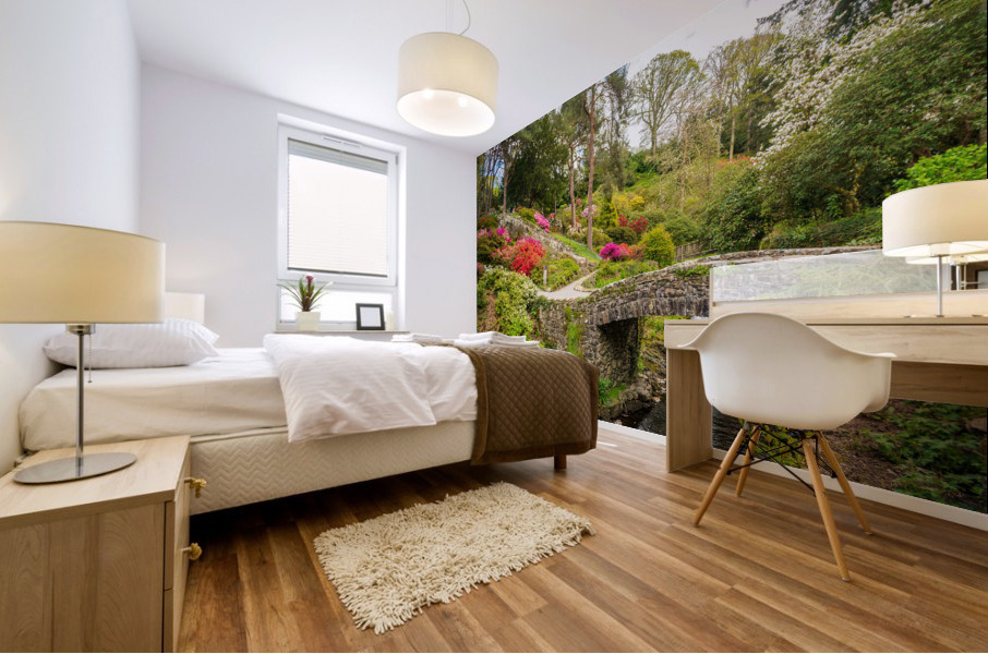 Stone bridge with Azaleas and Rhododendron trees Bodnant Mural print