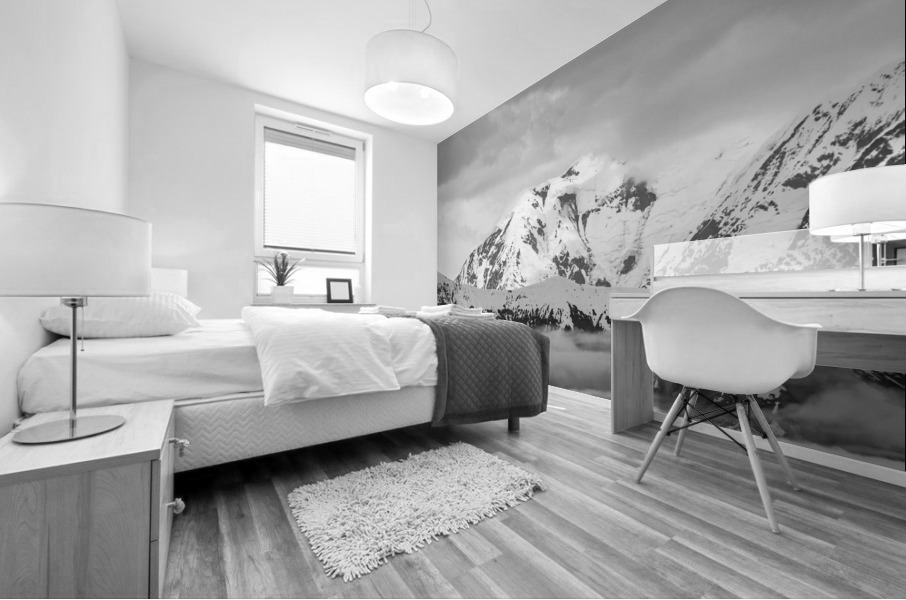 Black and white view of the mountains above Hubbard Glacier Mural print