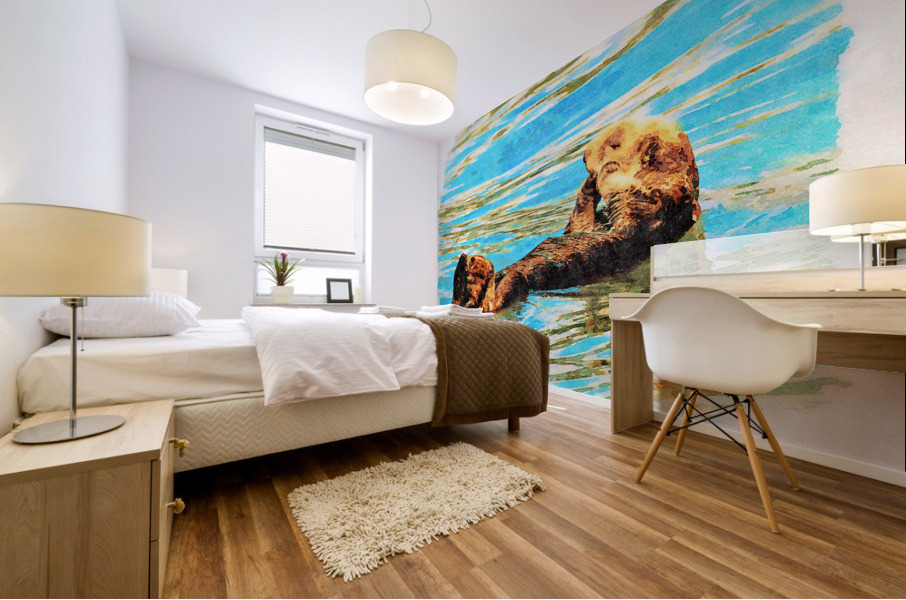 Digital watercolor of Sea Otter floating in the sea Mural print