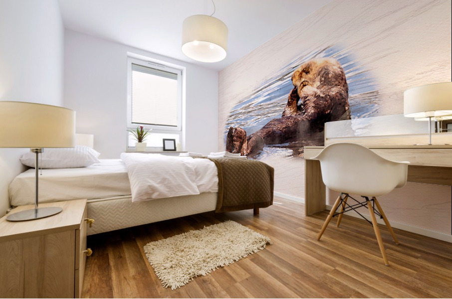 Digital watercolor of Sea Otter floating in the sea Mural print