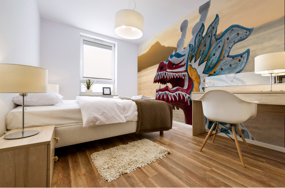 Dragon head carving on Hawaiian canoe in Oahu Impression murale