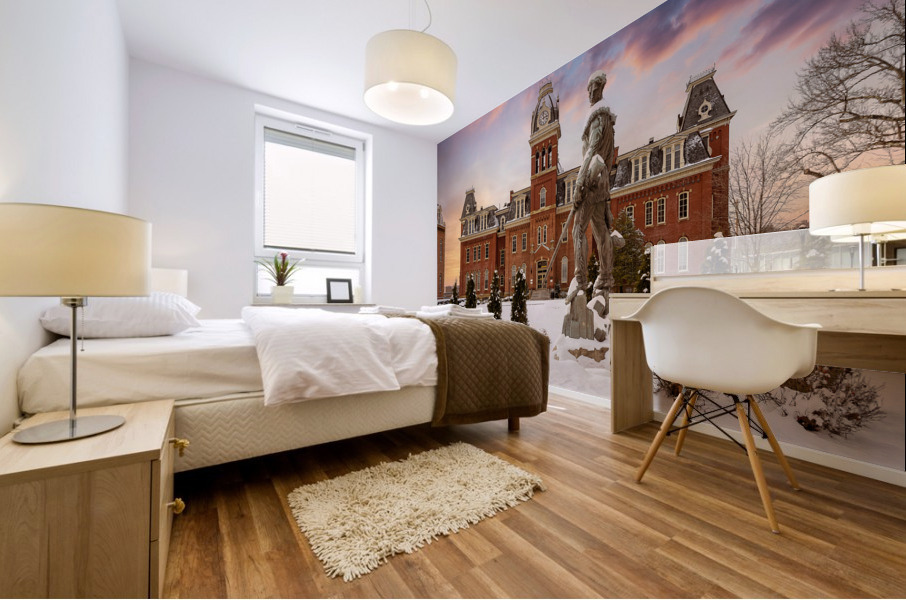 Mountaineer statue against Woodburn Hall Mural print