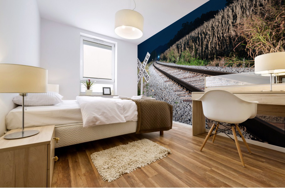 Oncoming train with railroad crossing sign Mural print