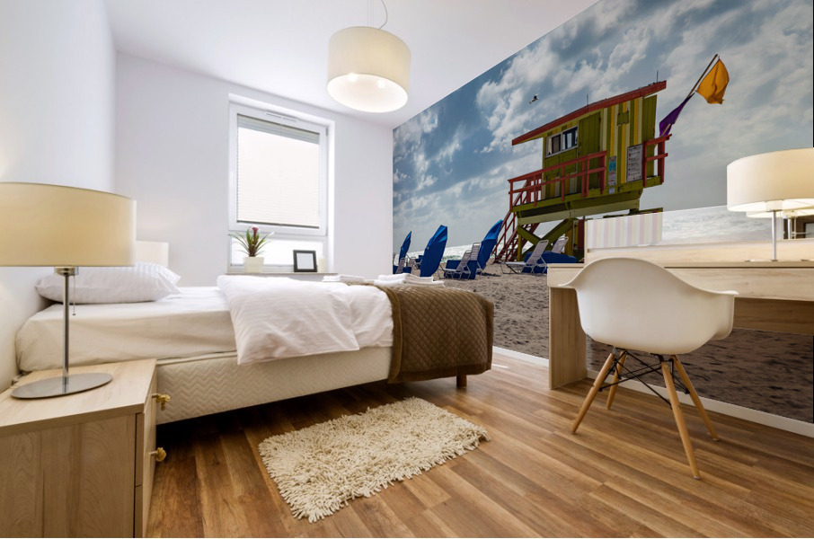 Yellow and green lifeguard station on Miami beach Mural print