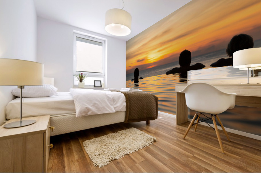 Silhouetted heads against infinity edge pool Mural print