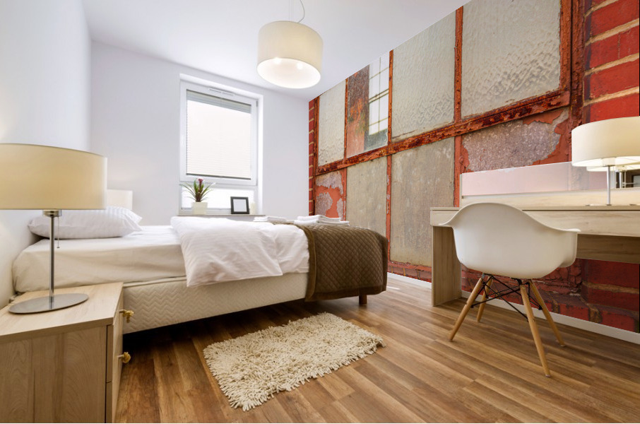 Old rusty window in warehouse painted red and orange Mural print