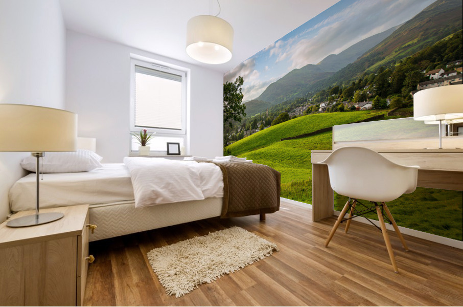 View over fields to Ambleside Lake District Mural print