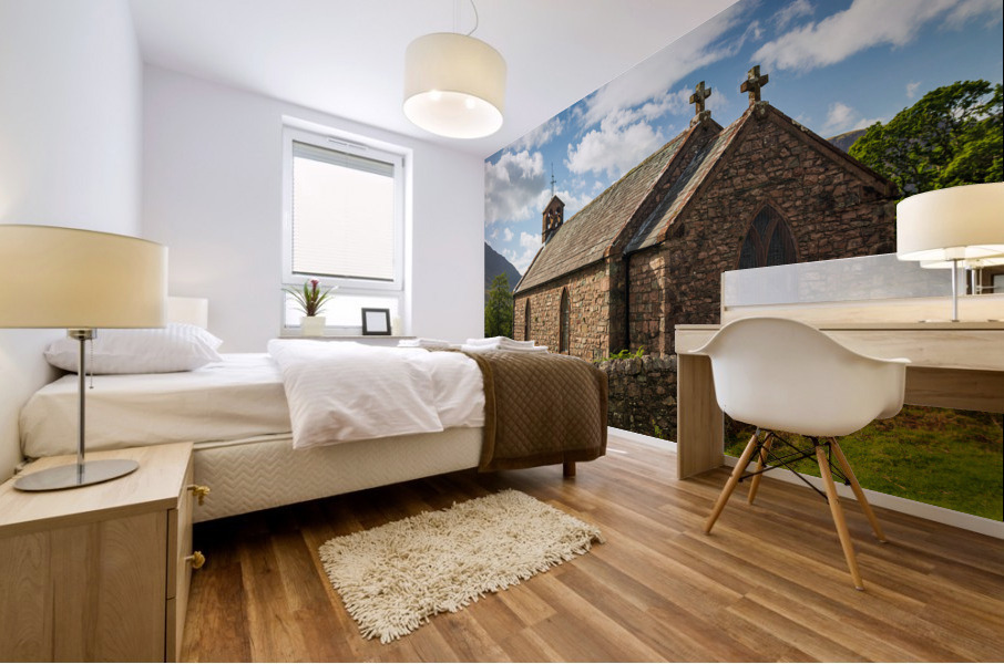 Old stone church in Buttermere Village Mural print
