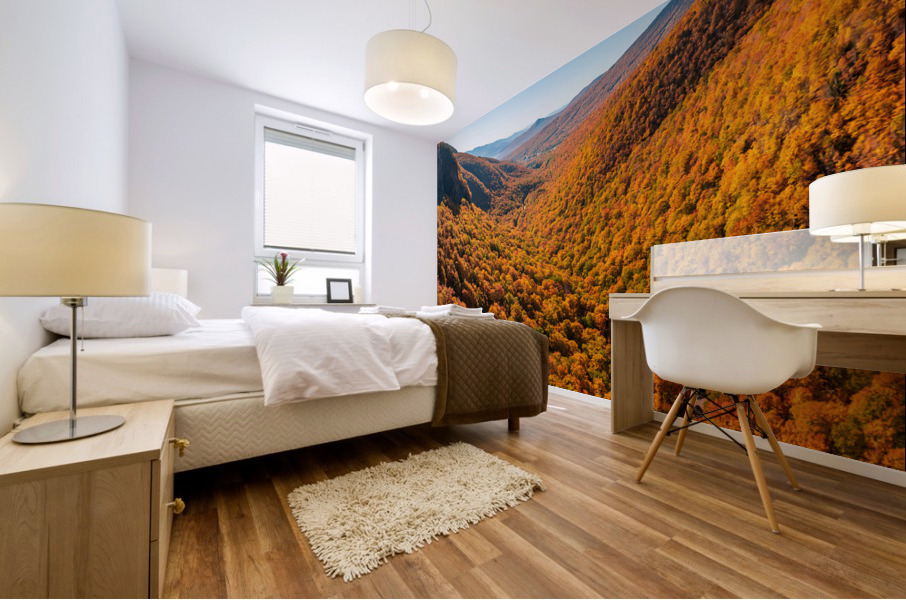 Aerial view of Smugglers Notch with fall trees in Vermont Mural print