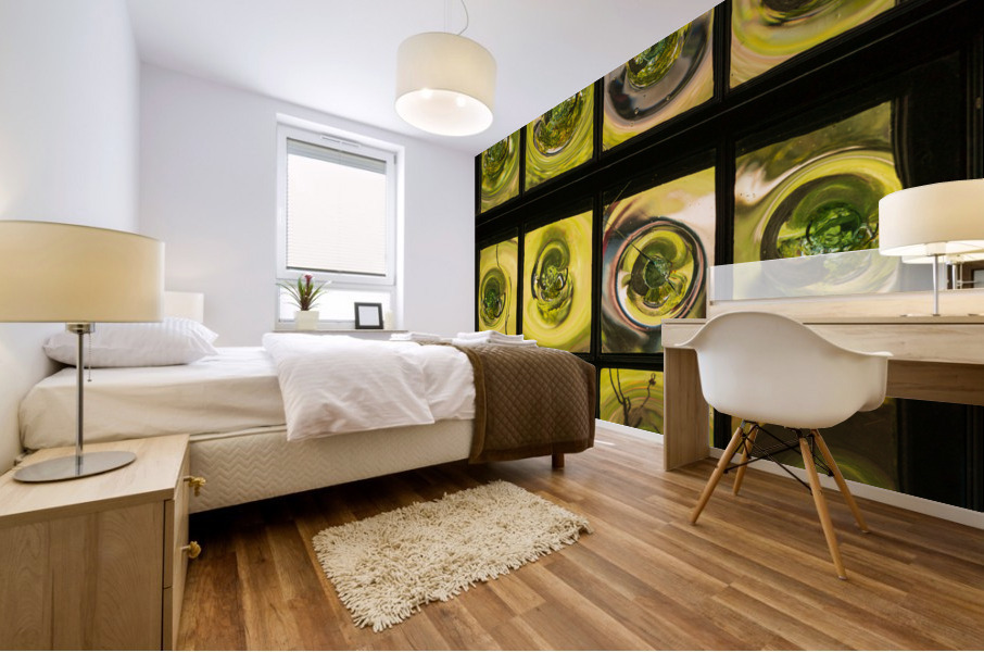 Window of old crown glass panes reflected garden Impression murale