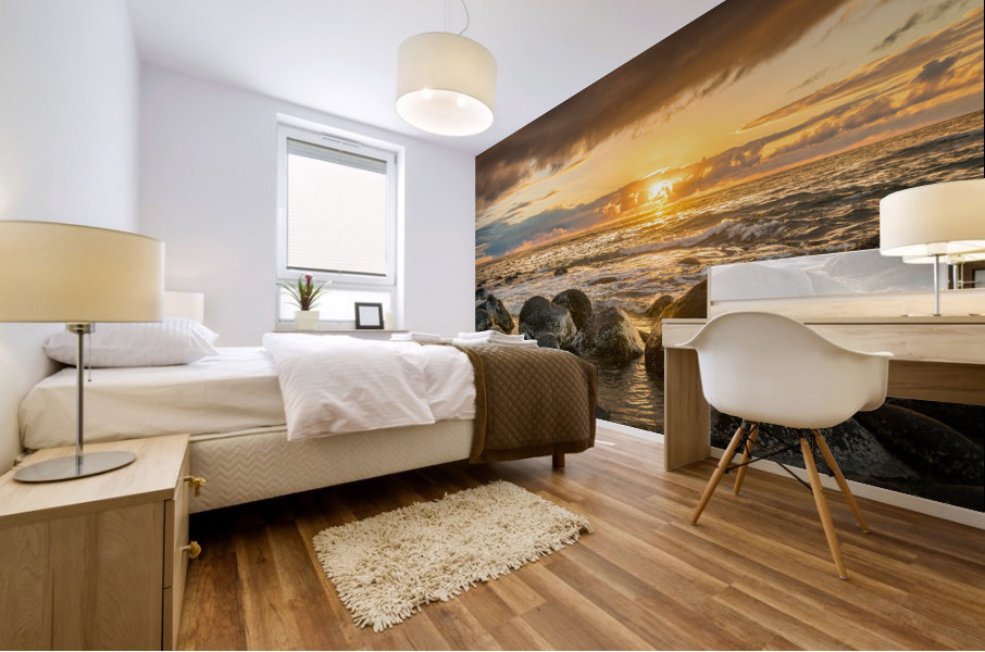 Sunset over rocks from Kee Beach Mural print