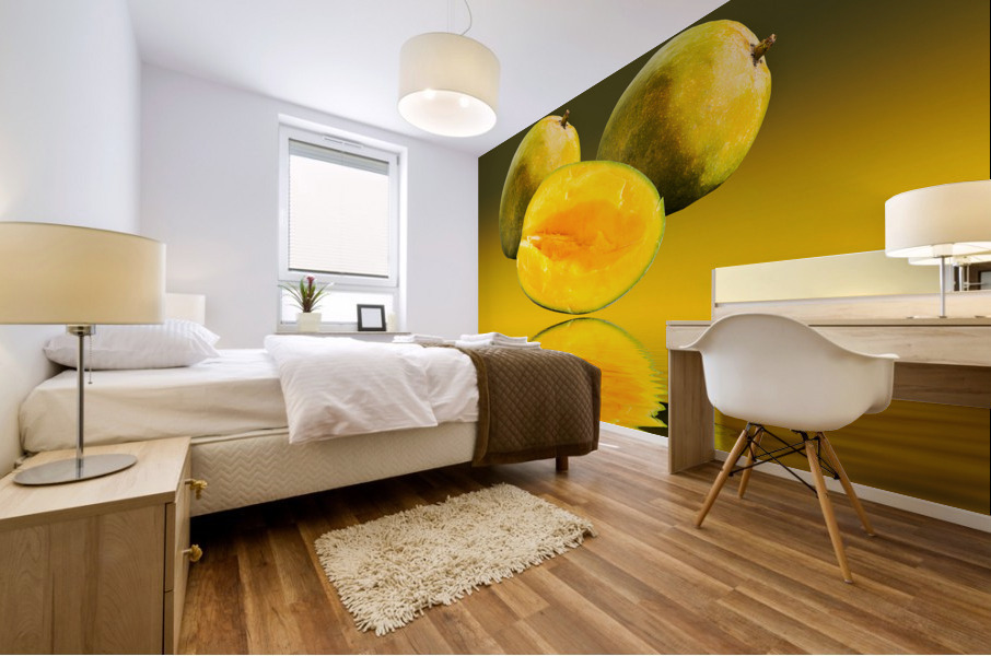 Two mangoes and one cut mango reflecting Mural print