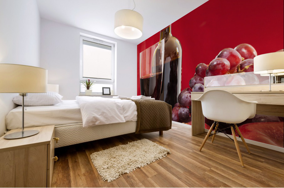 Red wine bottle and fruit with glass Mural print