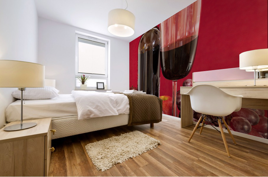 Red wine bottle and fruit with glass Mural print