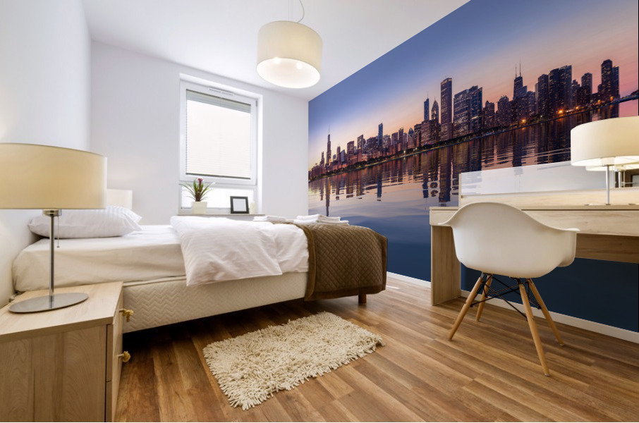Sunset over city skyline Chicago from Observatory Mural print