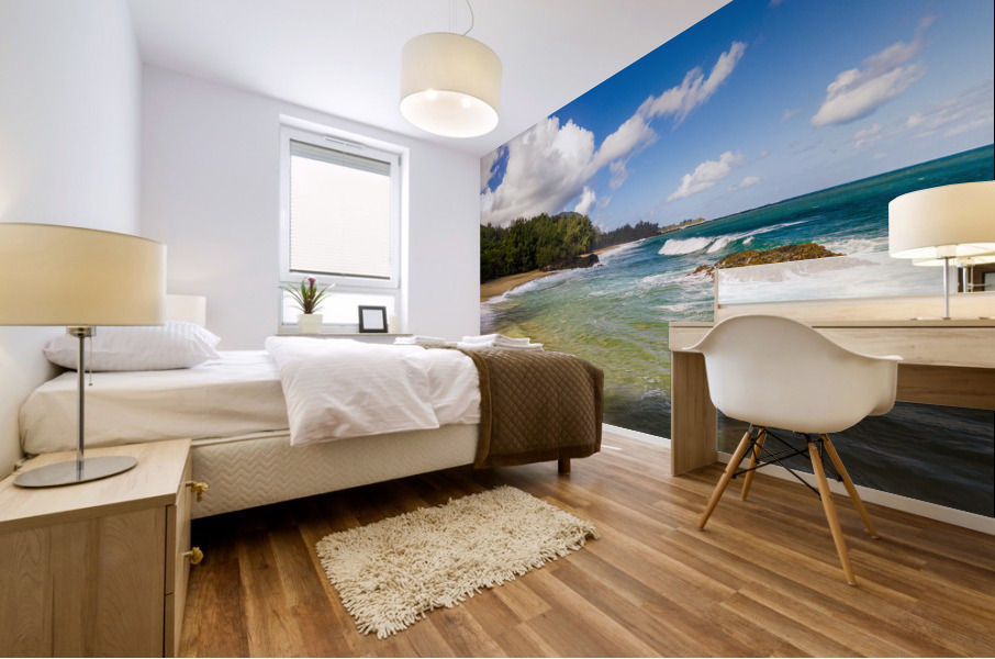 Aerial drone shot of Lumahai Beach on the north shore of Kauai i Impression murale