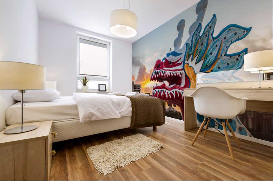 Carved head of dragon canoe in Waikiki Mural print