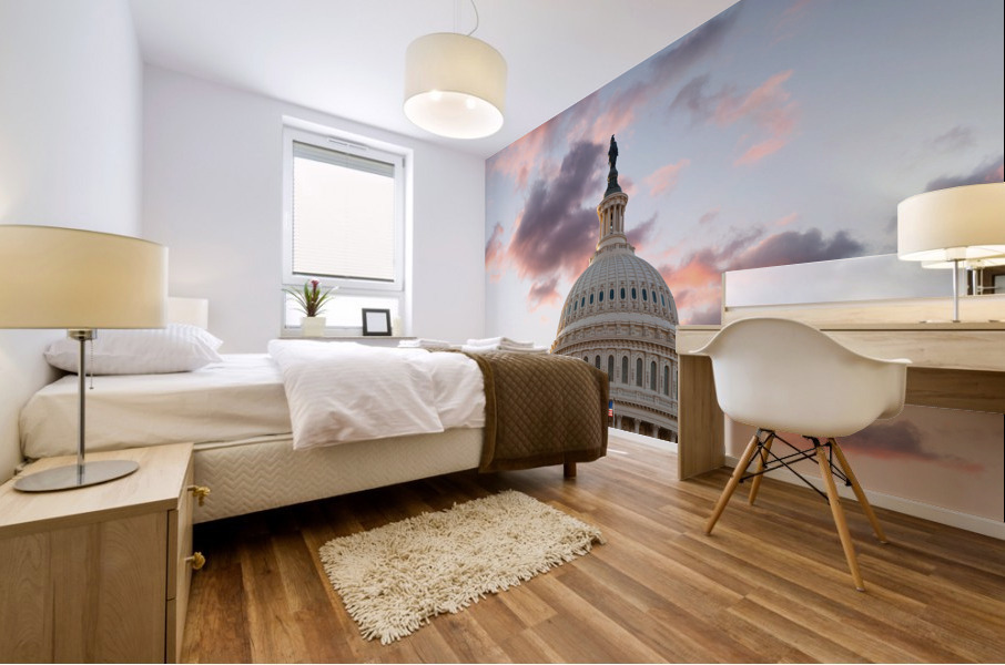 Flag flies in front of Capitol in DC at sunrise Mural print