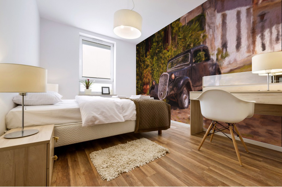 Oil painting of old car in Colonia del Sacramento Mural print