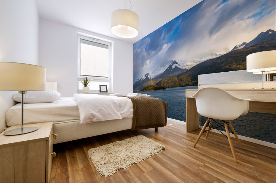 Panorama of Holanda glacier by Beagle channel with rainbow Mural print