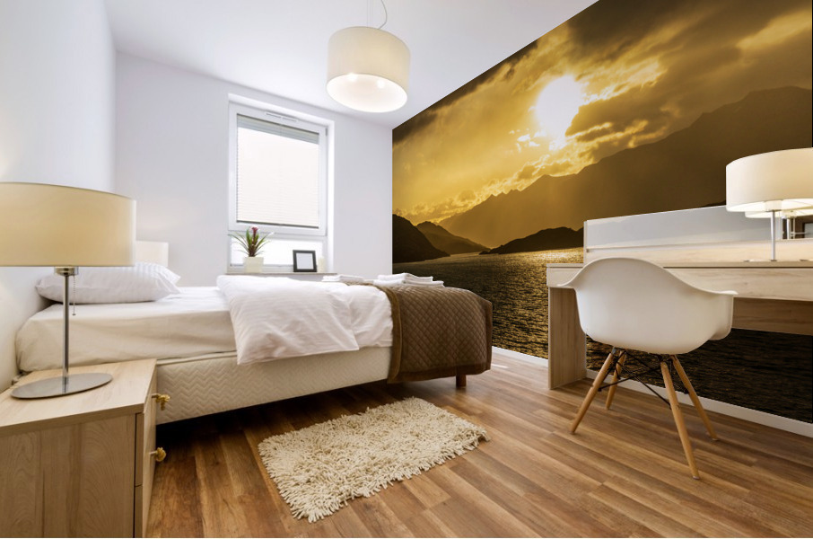 Cruise ship sailing to dawn in Beagle channel in Chile Mural print