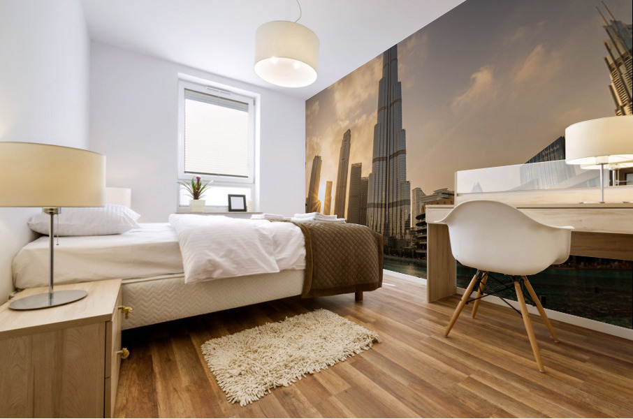 Sunset over the Dubai downtown business district Mural print