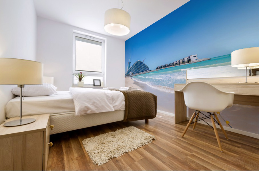 Iconic Burj al Arab behind newly constructed Marsa al Arab hotel Mural print