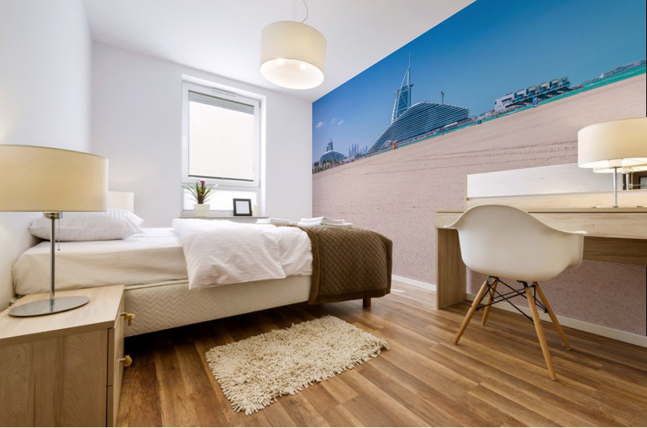 Iconic Burj al Arab behind newly constructed Marsa al Arab hotel Mural print