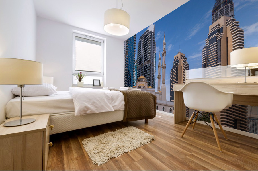 Mosque among towers on the waterfront at Dubai Marina UAE Mural print