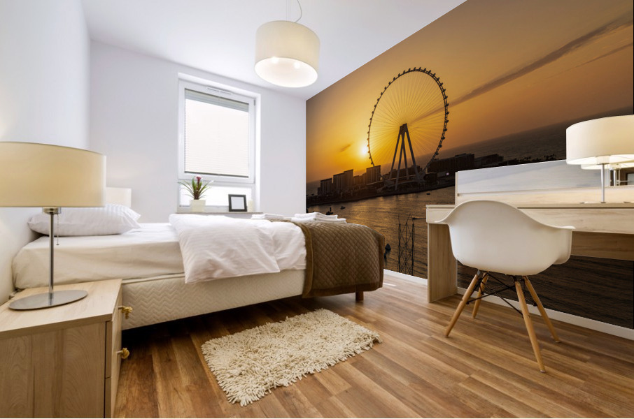 Sunset behind Ain Dubai observation wheel on Bluewaters Island Mural print