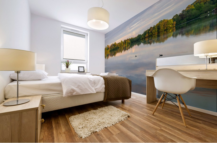 View across the Ellesmere Mere to a clear reflection of distant  Mural print