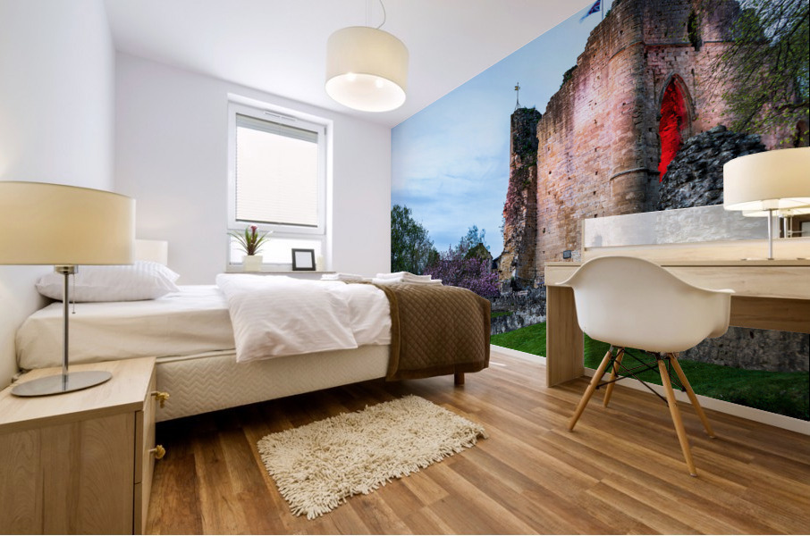 Old stone castle overlooking river in Knaresborough Mural print