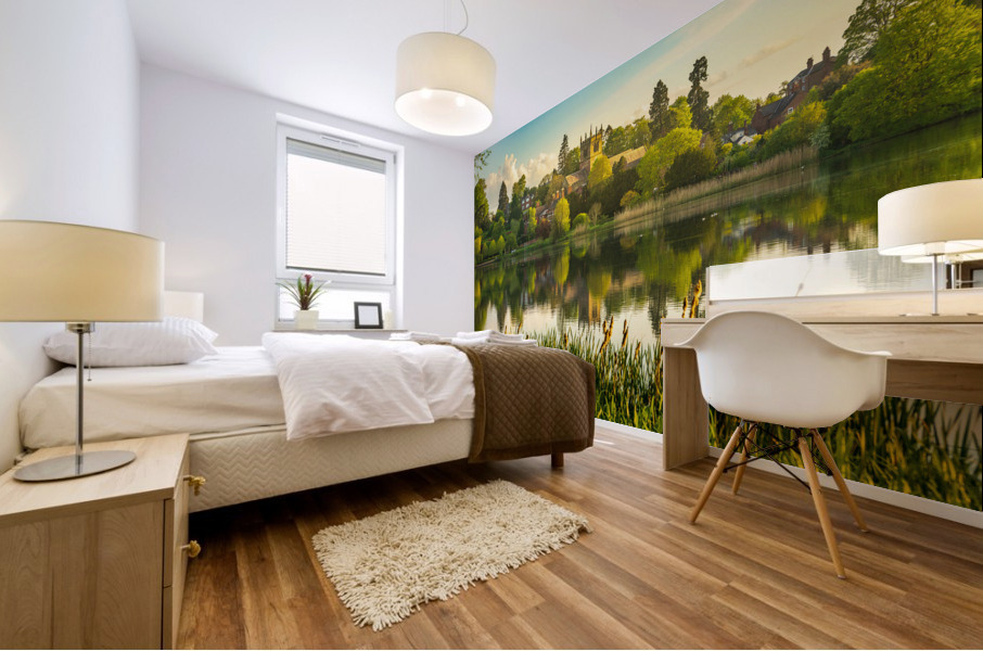 View across the Mere to the town of Ellesmere in Shropshire Impression murale