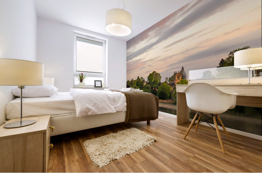 Sunset view across Ellesmere Mere in Shropshire to church Mural print