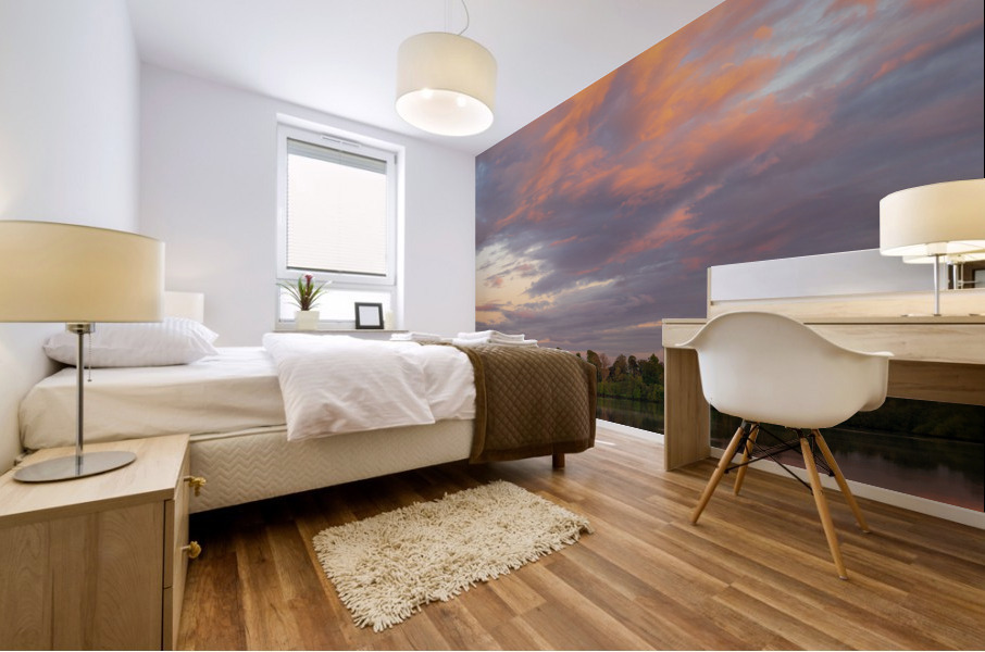 View across the Ellesmere Mere to a clear reflection of distant  Mural print