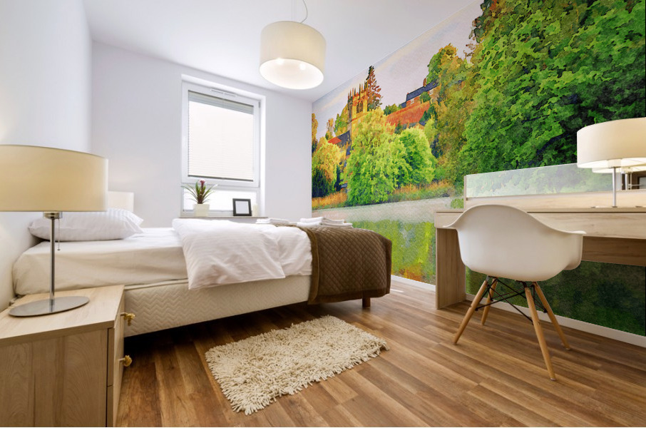 Watercolor across Ellesmere Mere in Shropshire to church Mural print