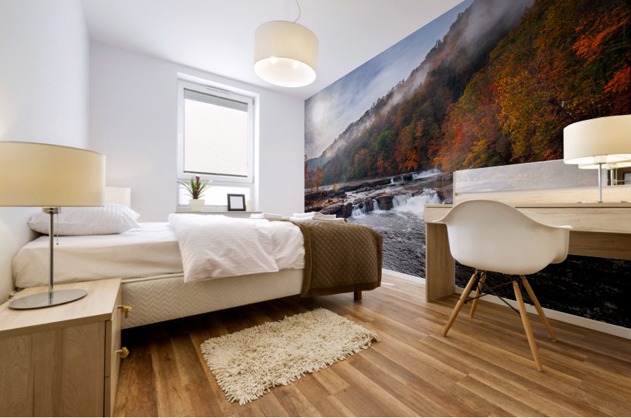 Sun rising over Valley Falls on a misty autumn day Mural print