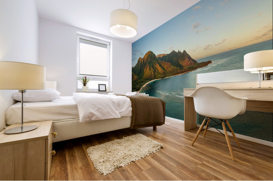 Aerial drone photo of Tunnels Beach at sunrise on Kauai in Hawaii Mural print