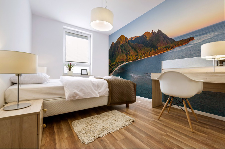 Aerial drone shot of Tunnels Beach at sunrise on Kauai in Hawaii Mural print