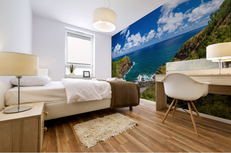 Kilauea lighthouse on headland against blue sky on Kauai Mural print