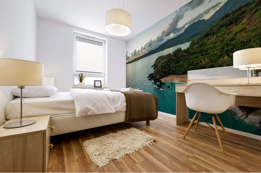 Aerial panoramic image of Lumahai Beach on the Kauai north shore Mural print