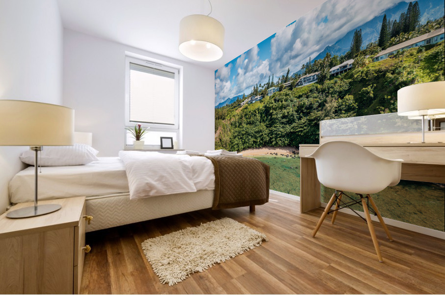 Aerial overview of Sealodge beach in Princeville on Kauai Mural print