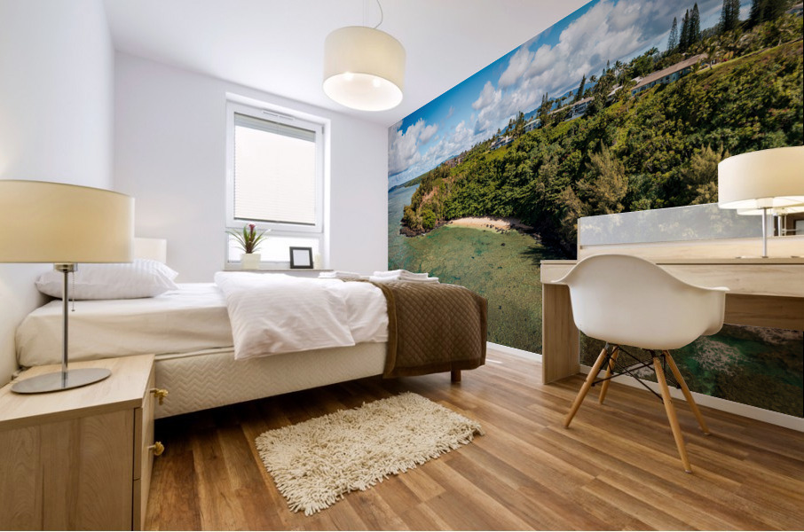 Overhead panorama view of Sealodge beach in Princeville on Kauai Mural print