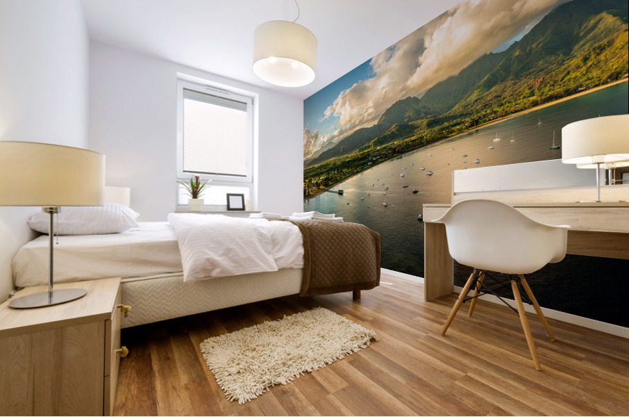 Aerial panorama over the town of Hanalei and valley at sunrise Impression murale