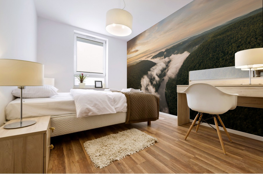 Mist swirling over Cheat River gorge at sunrise near Morgantown  Mural print