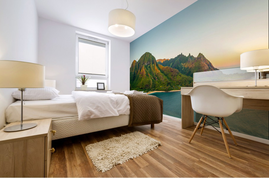 Aerial shot of Tunnels Beach at sunrise on Kauai in Hawaii Mural print