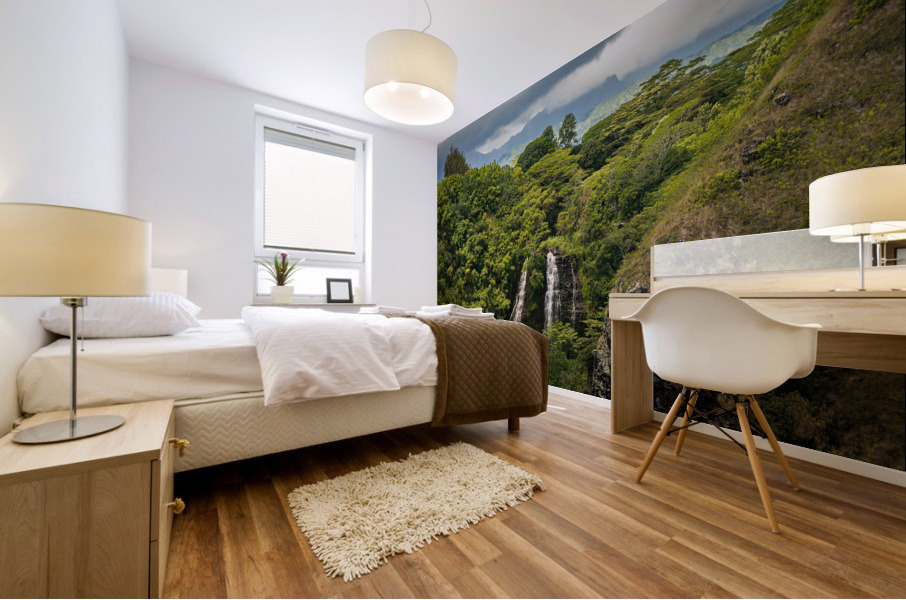 Opaekaa Falls sunlit as dark storm clouds gather over the hills Mural print