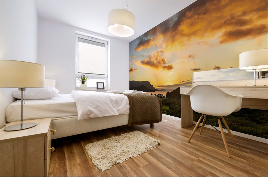 Sunset over Hanalei bay from overlook on the road Mural print