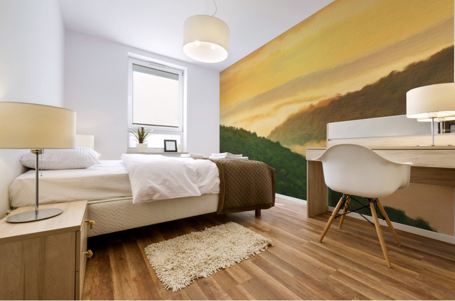 Painting of Cheat River gorge at sunrise near Raven Rock Mural print